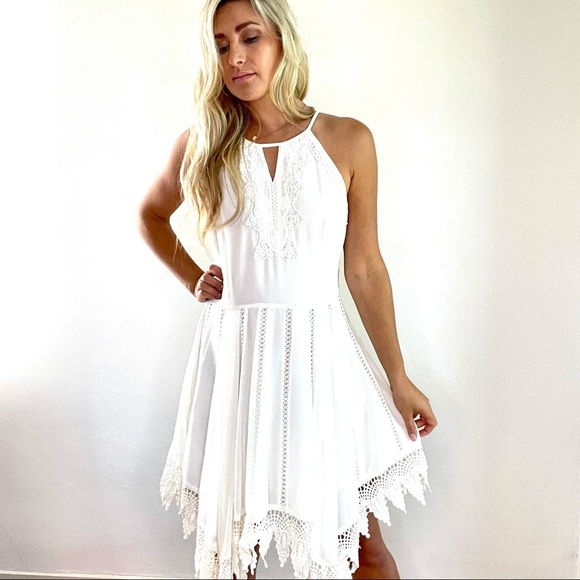 Greylin White Asymmetrical Lace Trim Dress Large - Picture 2 of 15